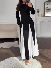 Elegancka czarno-biała sukienka maxi z okrągłym dekoltem i długim rękawem