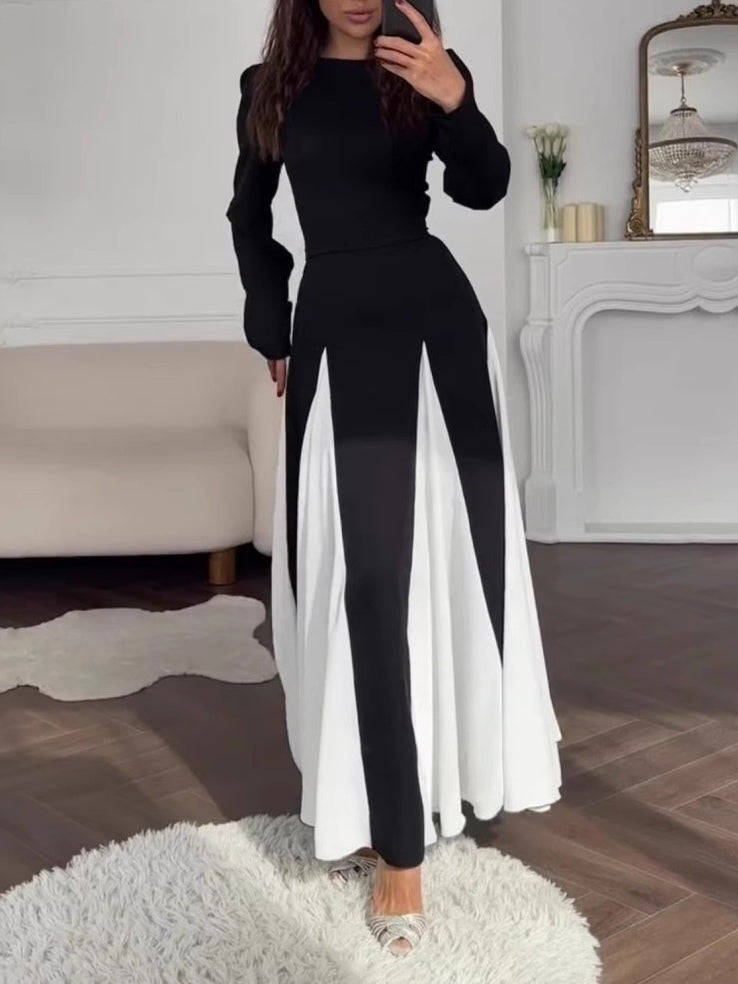 Elegancka czarno-biała sukienka maxi z okrągłym dekoltem i długim rękawem
