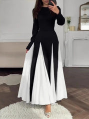 Elegancka czarno-biała sukienka maxi z okrągłym dekoltem i długim rękawem