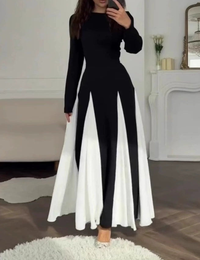 Elegancka czarno-biała sukienka maxi z okrągłym dekoltem i długim rękawem