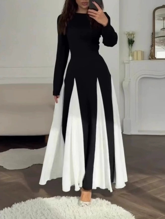 Elegancka czarno-biała sukienka maxi z okrągłym dekoltem i długim rękawem