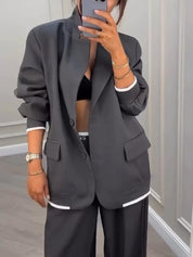 Szary Blazer z Dżerseju w Patchwork + Spodnie - Zestaw Dwuczęściowy