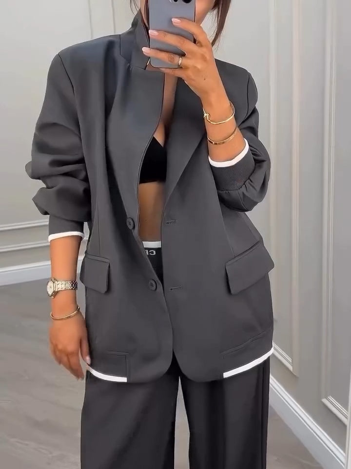 Szary Blazer z Dżerseju w Patchwork + Spodnie - Zestaw Dwuczęściowy