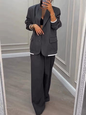 Szary Blazer z Dżerseju w Patchwork + Spodnie - Zestaw Dwuczęściowy