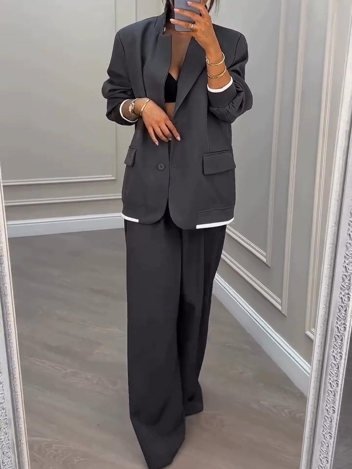 Szary Blazer z Dżerseju w Patchwork + Spodnie - Zestaw Dwuczęściowy