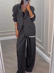 Szary Blazer z Dżerseju w Patchwork + Spodnie - Zestaw Dwuczęściowy