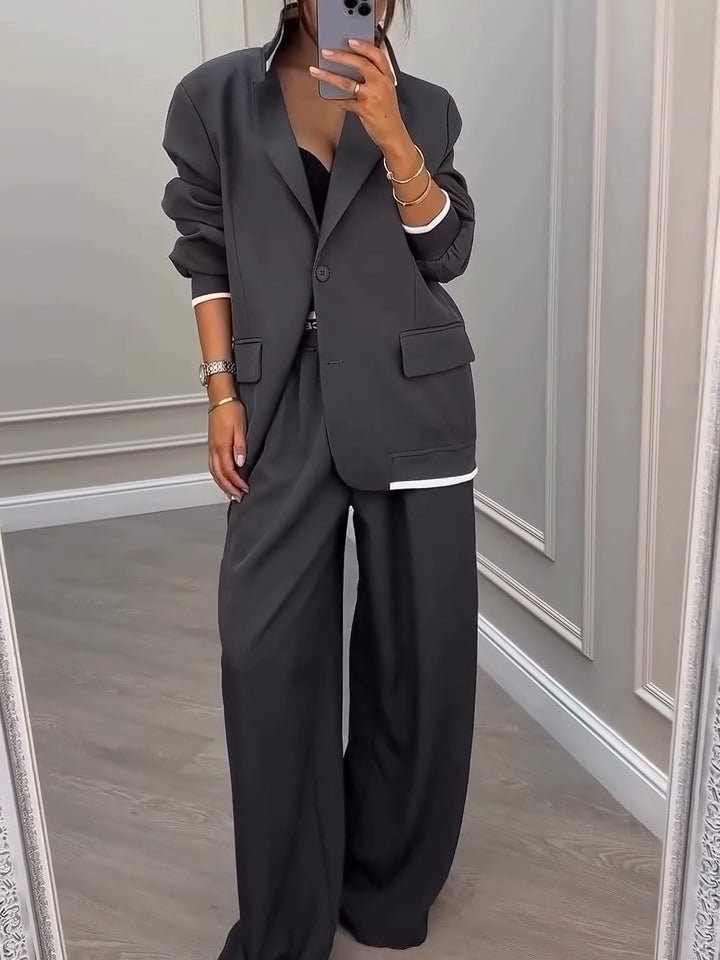 Szary Blazer z Dżerseju w Patchwork + Spodnie - Zestaw Dwuczęściowy