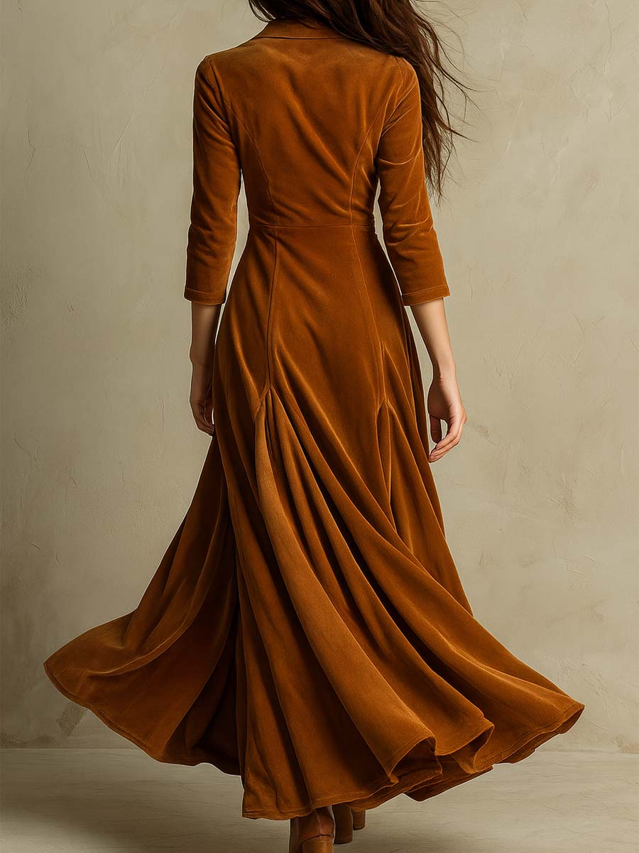 Brązowa Elegancka Retro Sukienka z Aksamitnym Kołnierzem