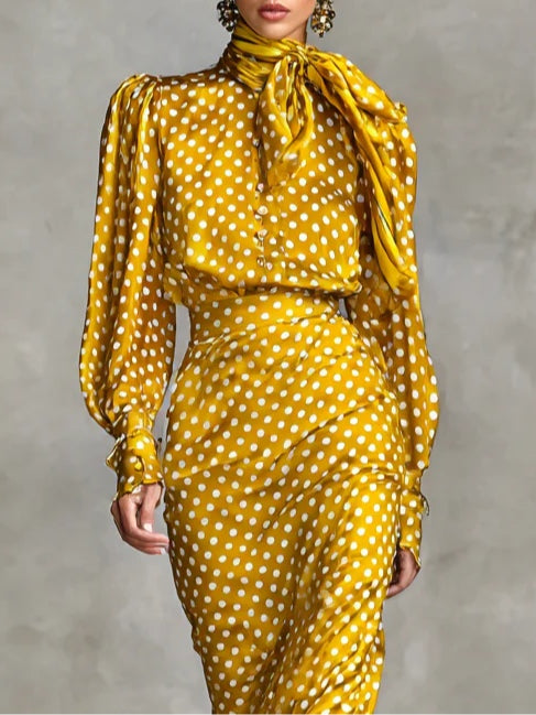 Vintage Satynowa Koszula w Kropki i Spódnica - Zestaw Dwuczęściowy