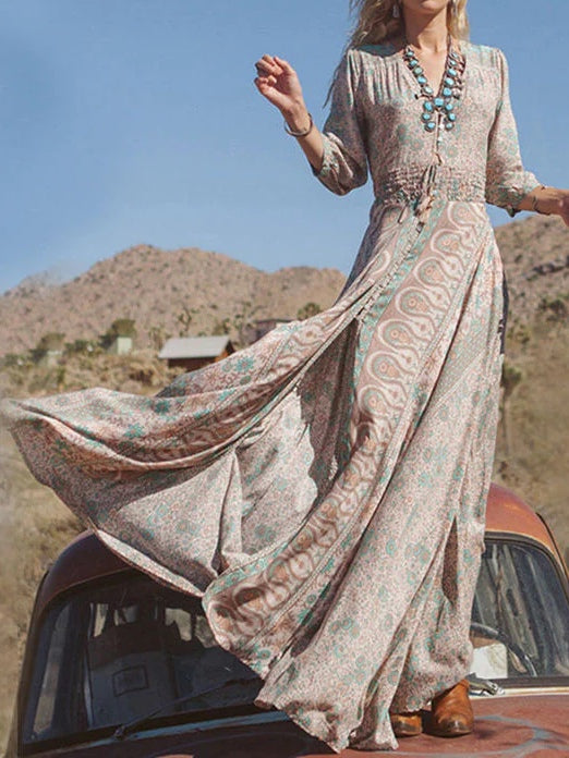 Sukienka Maxi w Stylu Boho z Rozcięciem
