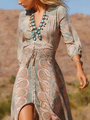 Sukienka Maxi w Stylu Boho z Rozcięciem
