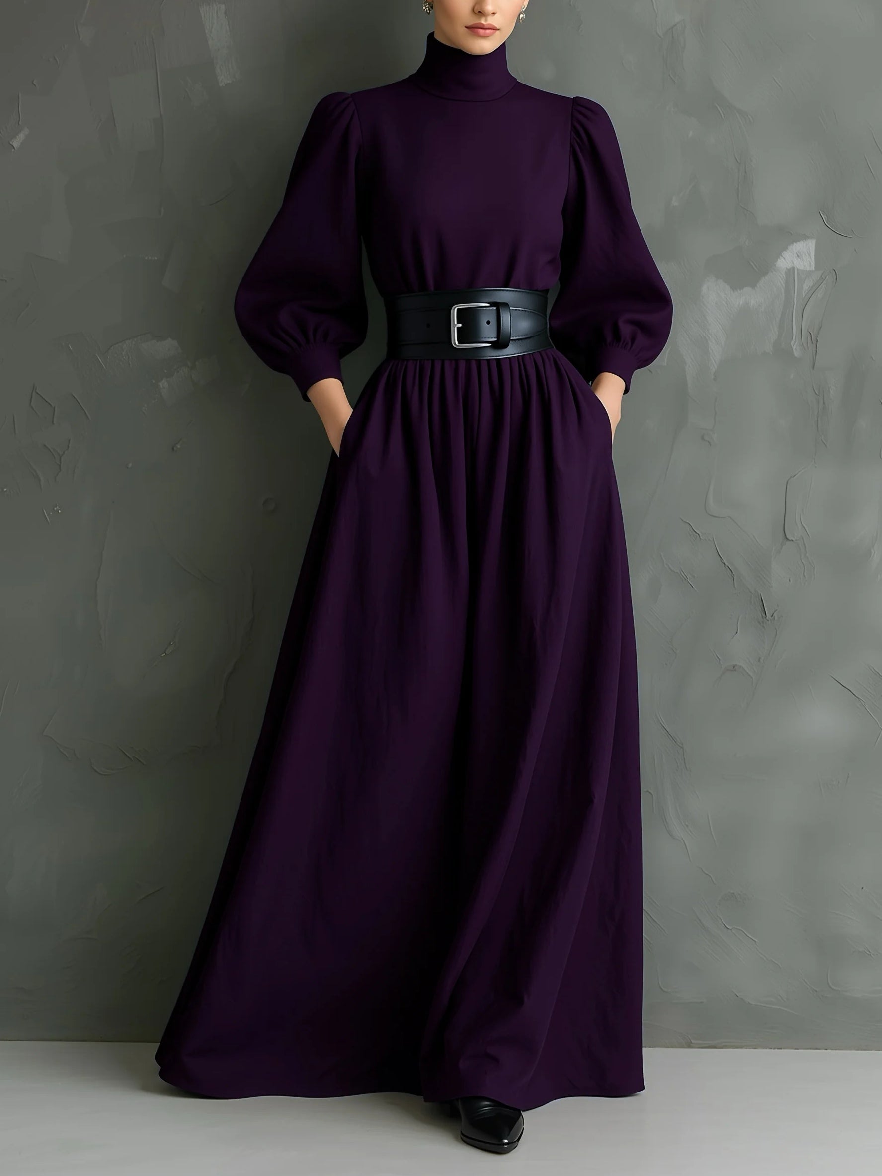 Elegancka Ciemnofioletowa Sukienka Maxi z Długim Rękawem i Golfem (z paskiem)