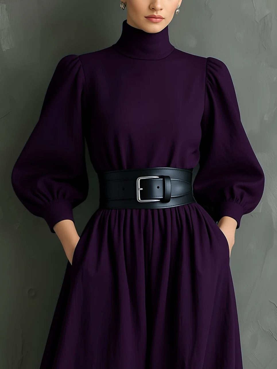 Elegancka Ciemnofioletowa Sukienka Maxi z Długim Rękawem i Golfem (z paskiem)