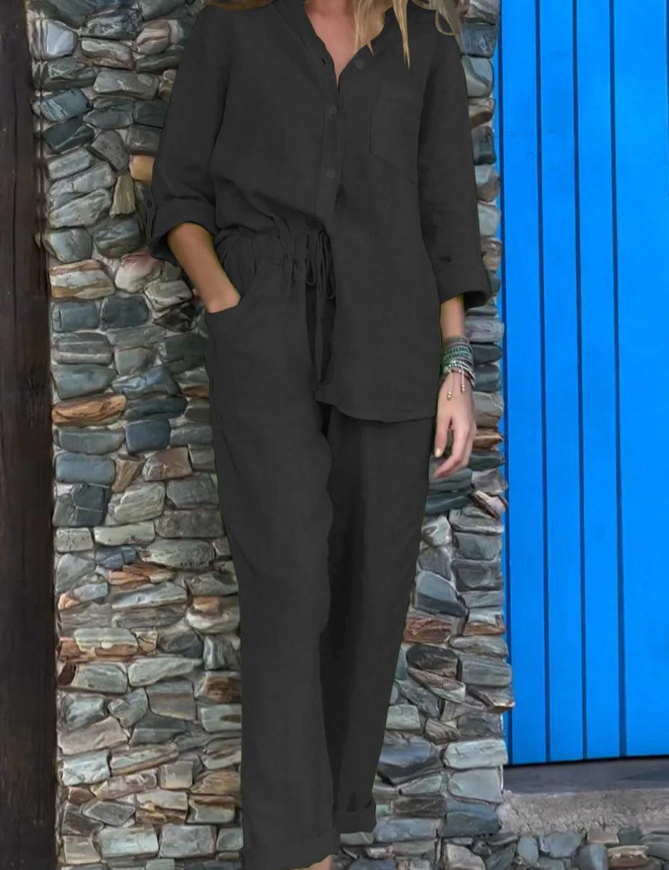 Casualny jednolity kolorowy T-shirt z dekoltem w serek i spodnie, bawełniany len, dwuczęściowy zestaw