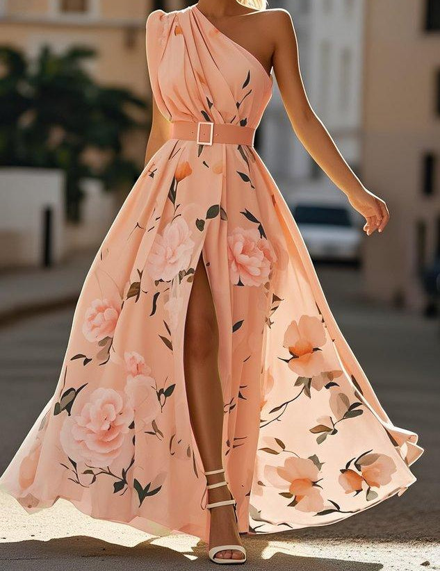 Jasnozielona Kwiatowa Sukienka Maxi Chiffon z Rękawem na Jedno Ramie