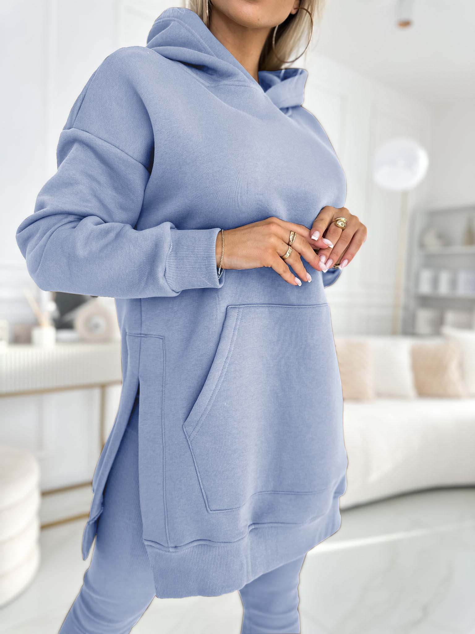 Modny jednolity kolorowy hoodie i ocieplane legginsy zestaw dwuczęściowy