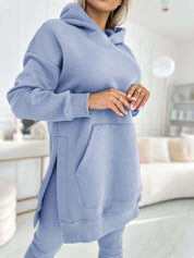 Modny jednolity kolorowy hoodie i ocieplane legginsy zestaw dwuczęściowy