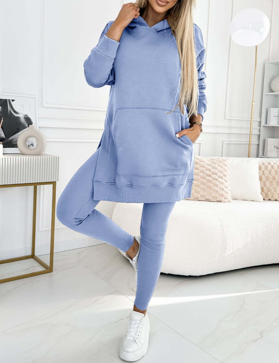 Modny jednolity kolorowy hoodie i ocieplane legginsy zestaw dwuczęściowy