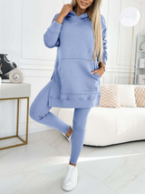 Modny jednolity kolorowy hoodie i ocieplane legginsy zestaw dwuczęściowy