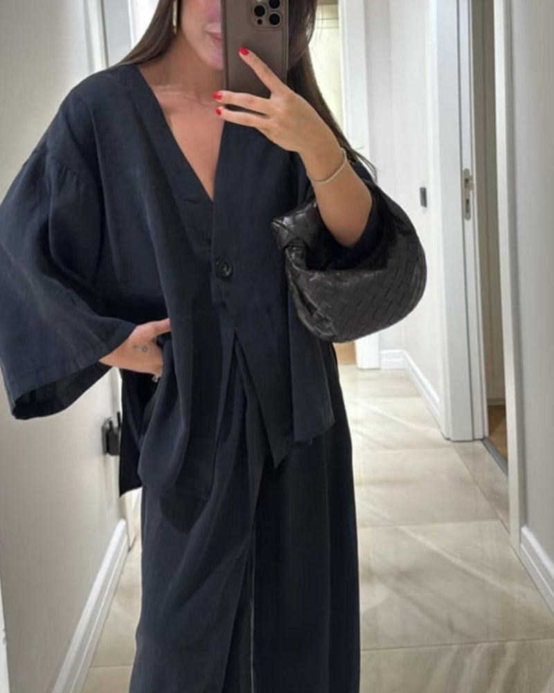 Casual V-Neck Top i Spodnie - Zestaw Dwuczęściowy