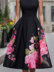 Elegancka Midi Sukienka Bez Rękawów z Kwiatowym Wzorem