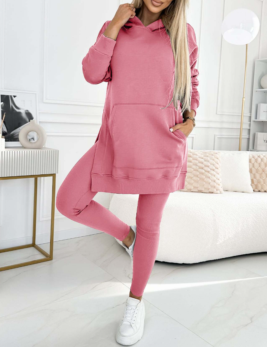 Modny jednolity kolorowy hoodie i ocieplane legginsy zestaw dwuczęściowy