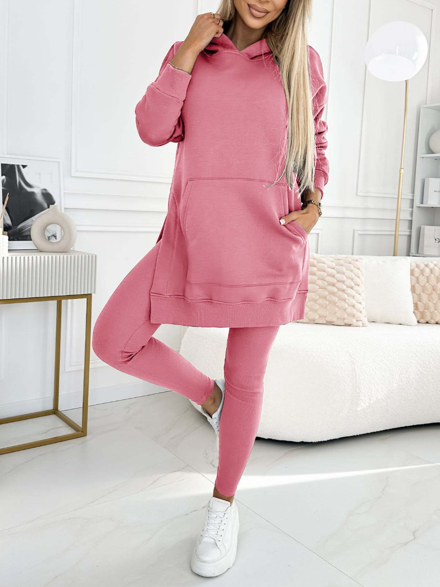 Modny jednolity kolorowy hoodie i ocieplane legginsy zestaw dwuczęściowy
