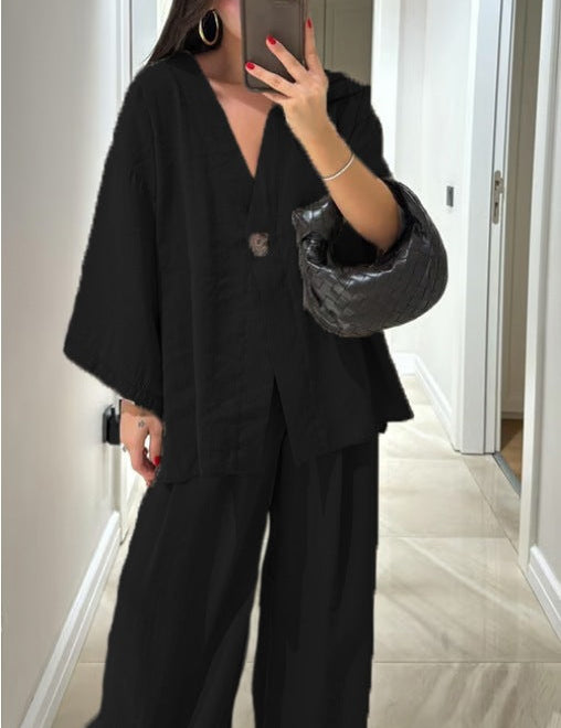 Casual V-Neck Top i Spodnie - Zestaw Dwuczęściowy