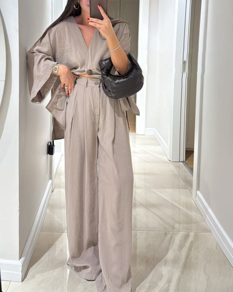 Casual V-Neck Top i Spodnie - Zestaw Dwuczęściowy