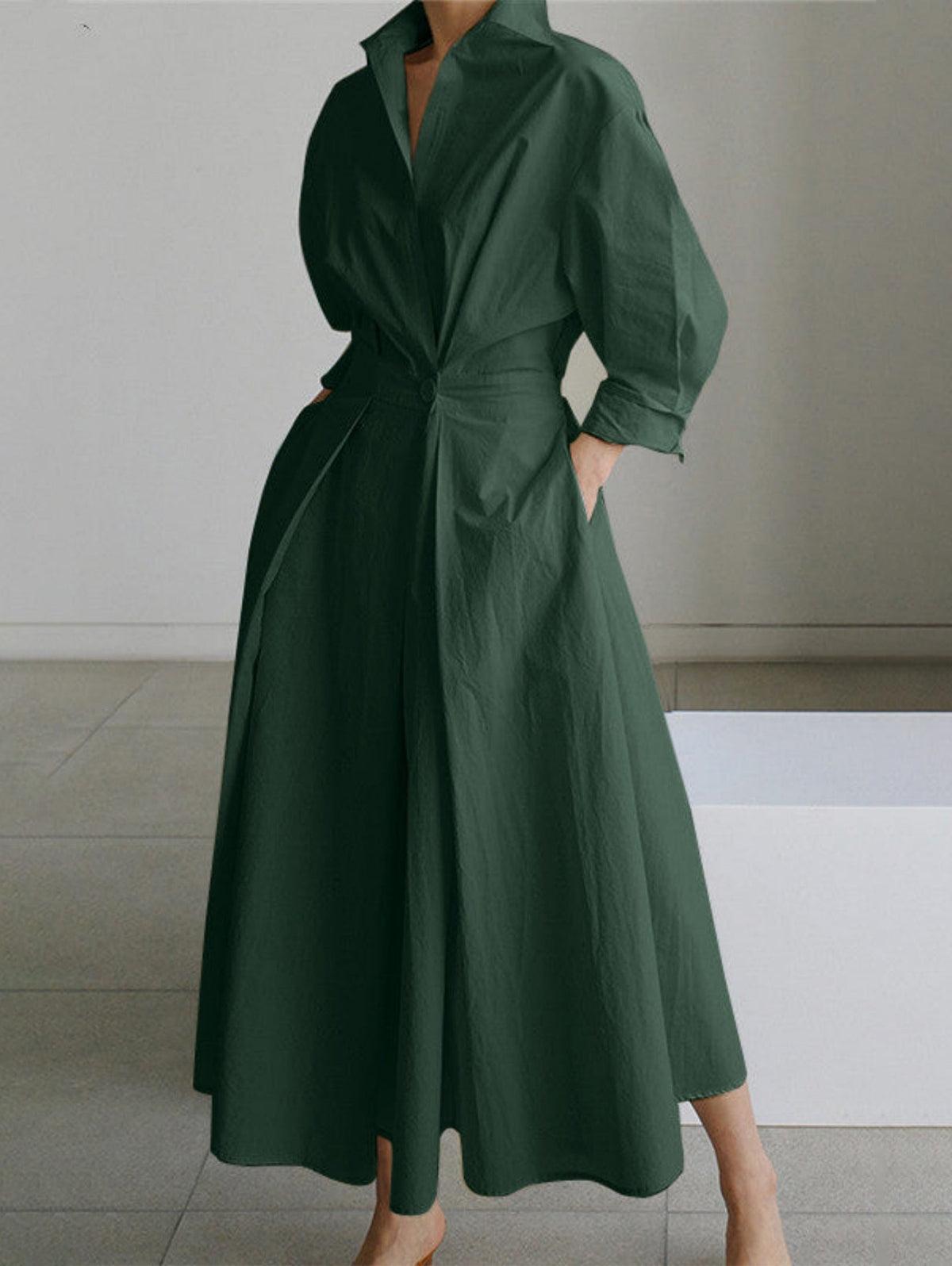 Elegancka Midi Sukienka z Zapięciem i Kołnierzykiem