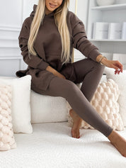 Modny jednolity kolorowy hoodie i ocieplane legginsy zestaw dwuczęściowy