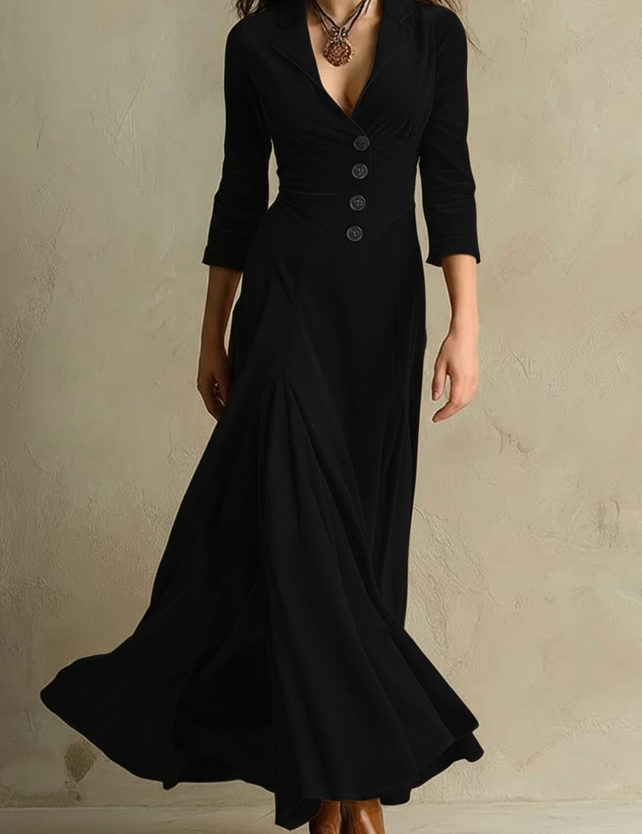 Brązowa Elegancka Retro Sukienka z Aksamitnym Kołnierzem