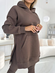 Modny jednolity kolorowy hoodie i ocieplane legginsy zestaw dwuczęściowy