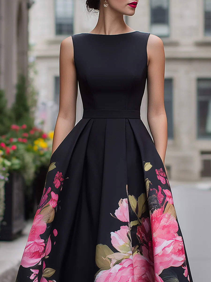 Elegancka Midi Sukienka Bez Rękawów z Kwiatowym Wzorem