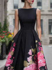 Elegancka Midi Sukienka Bez Rękawów z Kwiatowym Wzorem