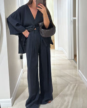 Casual V-Neck Top i Spodnie - Zestaw Dwuczęściowy