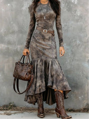 Vintage Polyester Flare Hem Midi Dress（Includes belt）